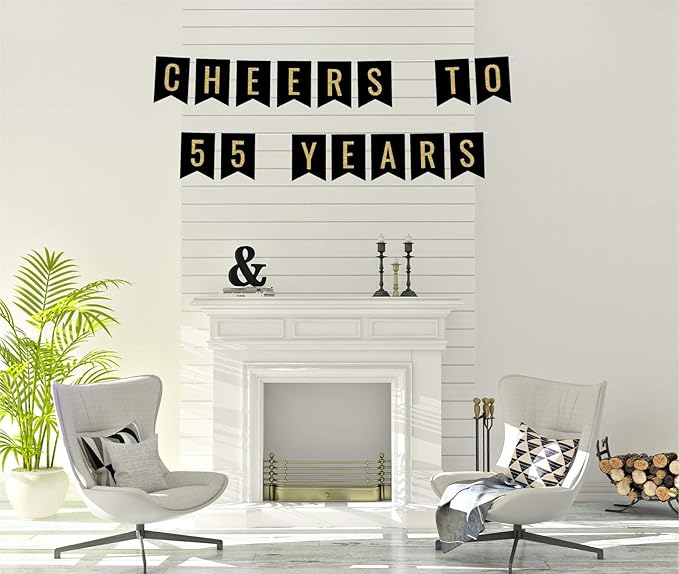 Andaz Press Faux Gold Glitter on Black Birthday Party Banner Decorations, Cheers to 55 Years, Approx 5-Feet, 1-Set, 55th Birthday Milestone Colored Hanging Pennant Decor