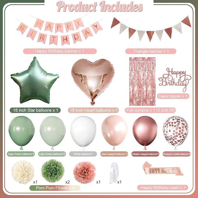 Rose Gold and Sage Green Birthday Decorations, Retro Avocado Green Party Décor with Foil & Latex Balloons Sash Fringe Curtains Happy Birthday Banner Cake Topper Paper Pompoms Decor for Women Girl