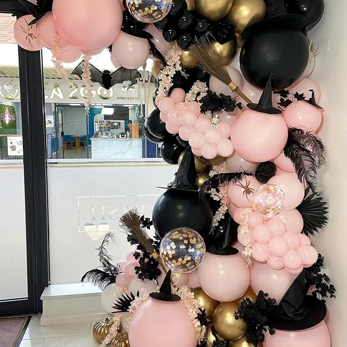 Black Pink and Gold Balloon Garland Arch Kit, 156 Pastel Pink Matte Black Metallic Gold Balloons for Women Girls Party Birthday Wedding Bridal Shower Bachelorette Anniversary Graduations