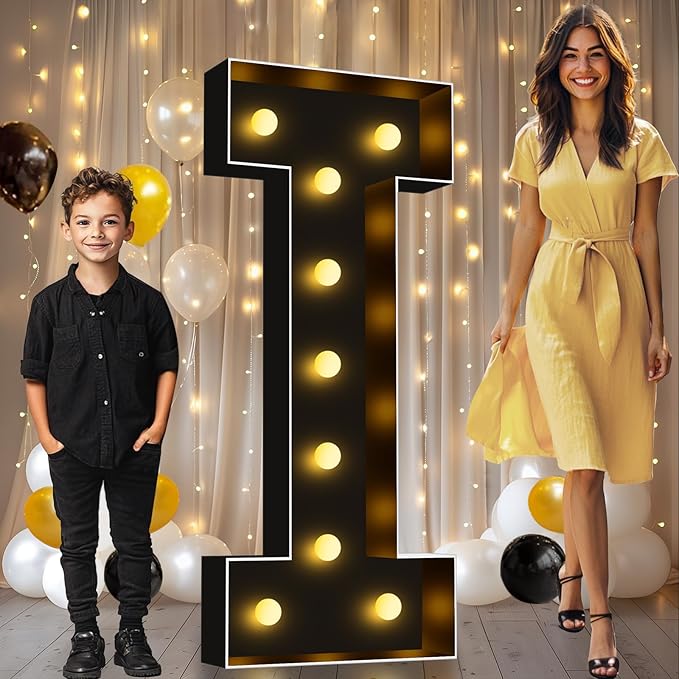 Pooqla 4 FT Marquee Light Up Letters, Black Marquee Letter Lights 4 Feet Tall, Giant Letter Sign Big Mosaic Letters for Balloons Birthday Party Anniversary Wedding Decorations, Warm White Letter I