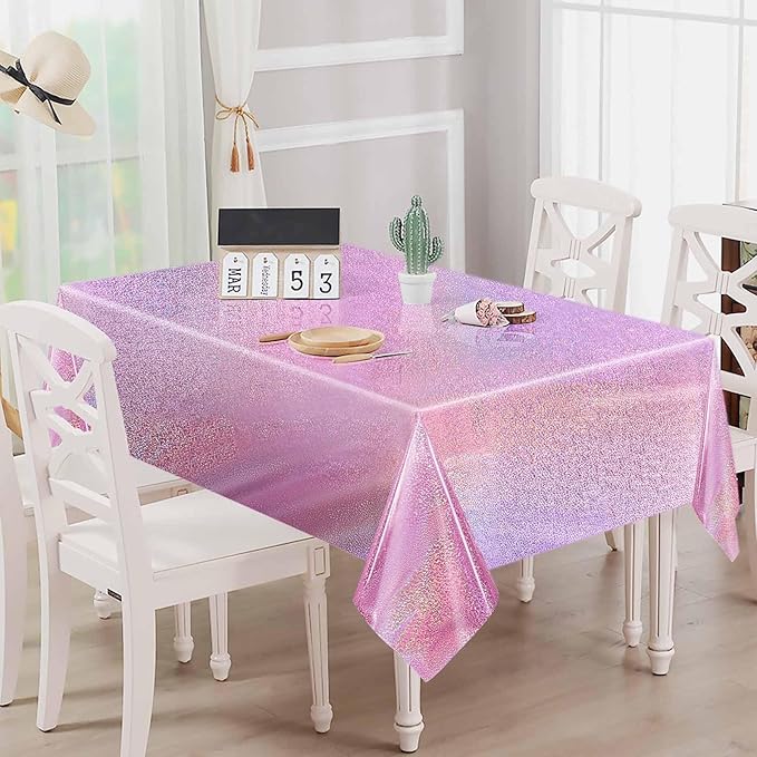 1 Pack Light Pink Iridescent Plastic Tablecloth Disposable 54 × 108 Inch Glitter Holographic Foil Table Cloth Plastic Laser Rectangle Table Cover for Birthday Wedding Disco Party