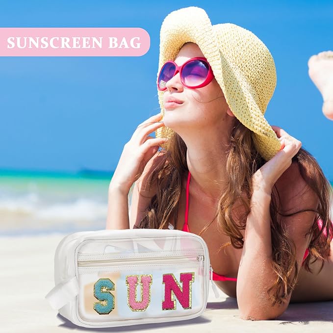 COSHAYSOO Clear SUN Makeup Bag Sunscreen SPF Pouch Beach Pool Lake Spa Travel Cosmetic Toiletry Stuff Organizer for Women Teenage Girls Mothers Day Nurse Appreciation Graduation Preppy Gifts