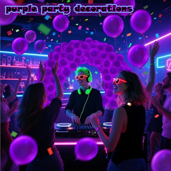 100 Pcs UV Neon Purple Balloons 12 inch Neon Party Supplies, Balloons, Glow in the Dark for Birthday, Graduation, Baby Shower,Wedding, Anniversary Valentines Party Decorations