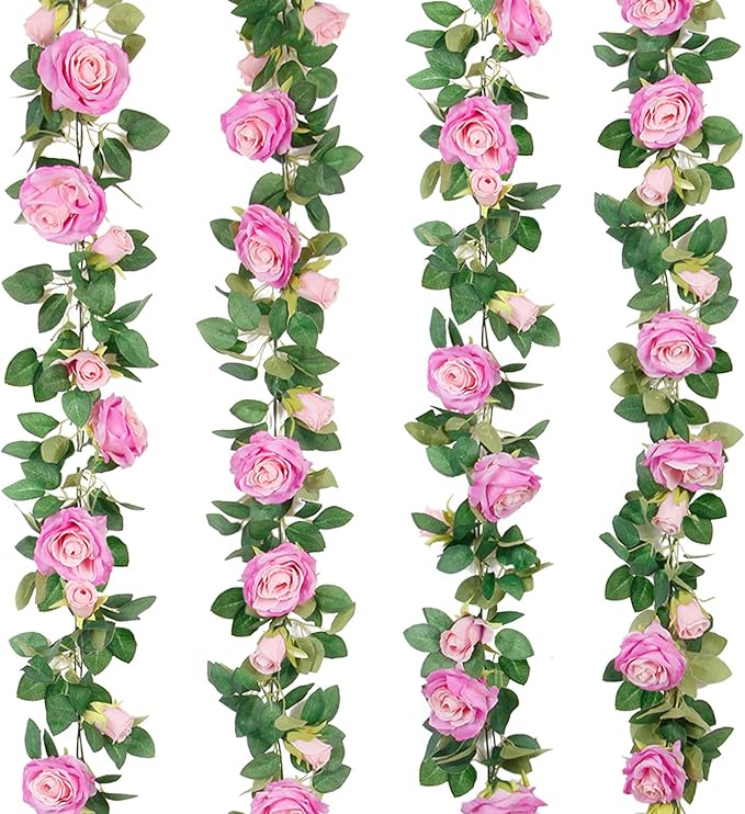 Teldrassil 4Pcs(26 FT) Artificial Rose Vine Fake Flower Garland Fake Silk Rose Hanging Vine for Wedding Party Background Arch Garden Background Decoration (Purplish Red)