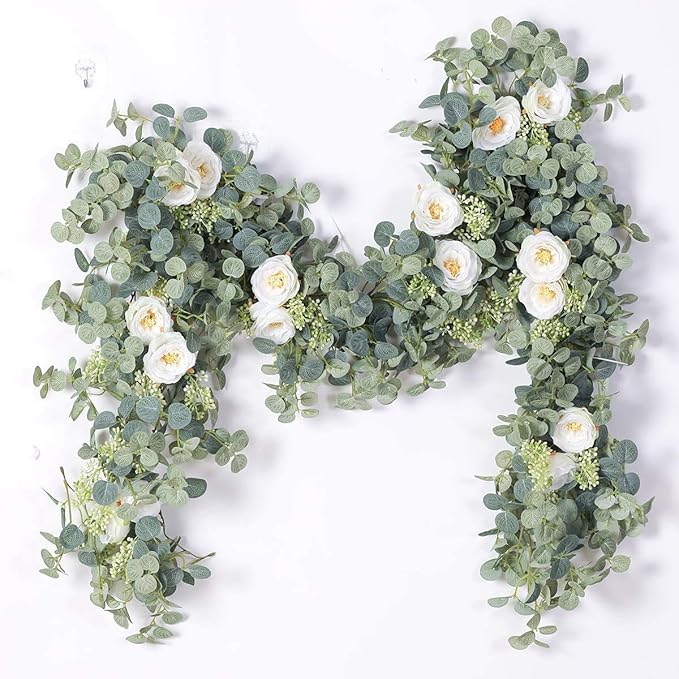 PARTY JOY 6.56ft Eucalyptus Garland with Flowers-8 White Roses, Artificial Fake Flowers Greenery Garland Floral Vines for Decoration Party Wedding Table Indoor Outdoor Backdrop Wall Decor(White)