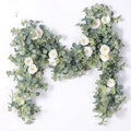 PARTY JOY 6.56ft Eucalyptus Garland with Flowers-8 White Roses, Artificial Fake Flowers Greenery Garland Floral Vines for Decoration Party Wedding Table Indoor Outdoor Backdrop Wall Decor(White)