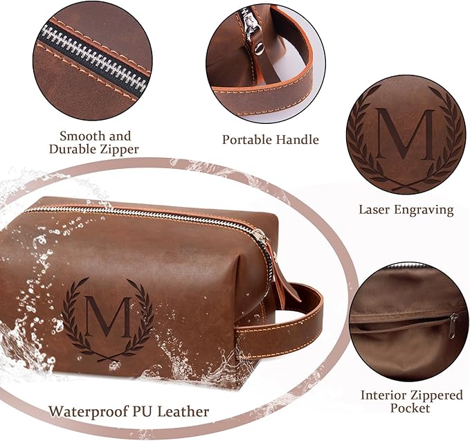 Travel Essentials Accessories Laser-Engraved Initial Toiletry Bag for Men, Personalized PU Leather Waterproof Travel Size Toiletries Storage Organizer Shaving Bag for Men, Reddish Brown R