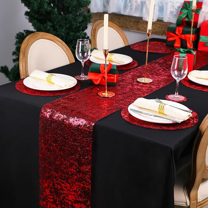 Snowkingdom Red Table Runner Sequin Glitter Foil Mesh Runner 11 Inch x 100 Feet for Romantic Wedding Anniversary Birthday Graduation Party Bridal Shower, Red Christmas Holiday Table Decorations