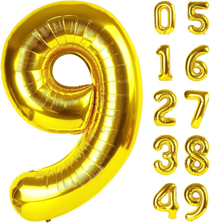 40 Inch Big Gold 9 Balloon Number, Jumbo Giant Happy 9th 19 29 39 49 99 Birthday Party Decorations, Large Nine Mylar Foil Anniversary Birthday Party Engagement Decorations