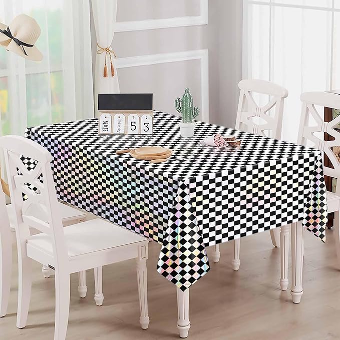 2 Pack Black and Iridescent Checkered Tablecloth Shiny Disposable Holographic Foil Table Cloth Plastic Laser Rectangle Table Cover for Picnic Birthday Party Race Car Tablecloth