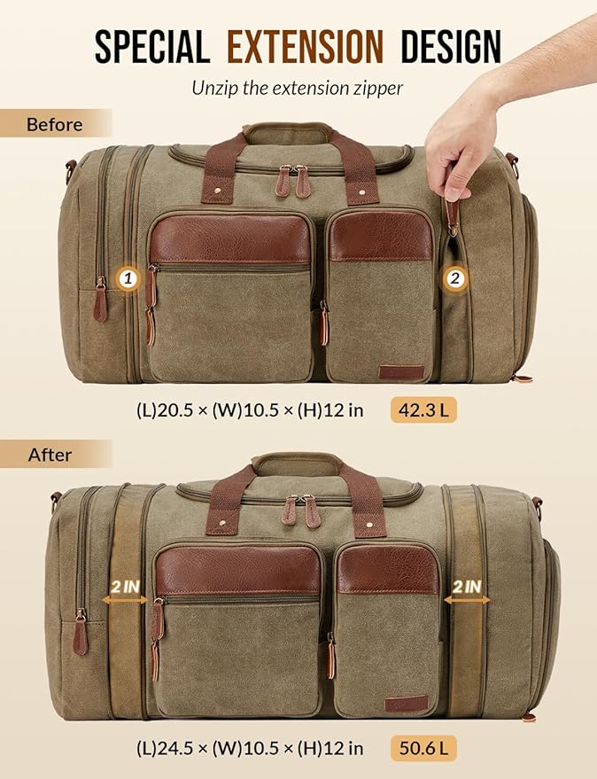 Canvas Duffle Bag for Travel 50L Expandable Travel Duffel Bags for Men Women Overnight Weekend Gym Bag with Shoes Compartment - Brown