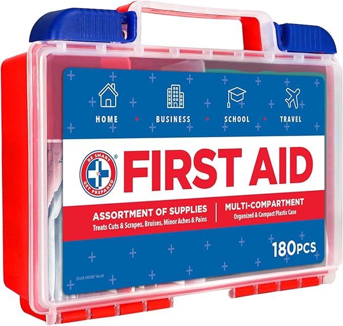 Be Smart Get Prepared 180 Piece First Aid Kit: Clean, Treat, Protect Minor Cuts, Scrapes. Home, Office, Car, School, Business, Travel, Emergency, Survival, Hunting, Outdoor, Camping & Sports, FSA HSA