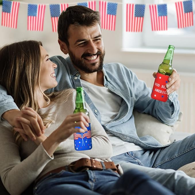 4th of July Decorations, 12 PCS Can Cooler Sleeves for Independence Day Accessories, Patriotic Party Favors, Collapsible Insulation Cover for Memorial Day Fourth of July Decorations Outdoor Indoor