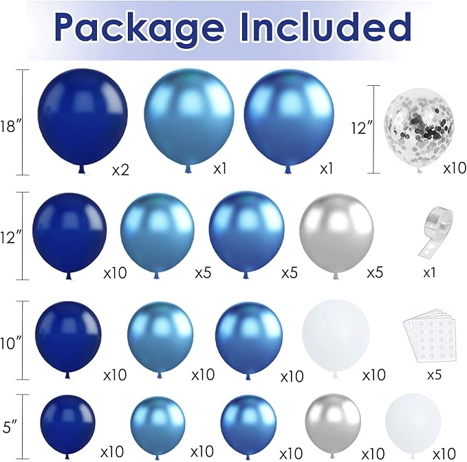 Blue White Silver Balloons Arch Kit, Navy Blue and White Balloons with Metallic Dark Light Blue Silver Conftti Balloons Garland for Graduation Birthday Party Bridal Shower Anniversary Decoration