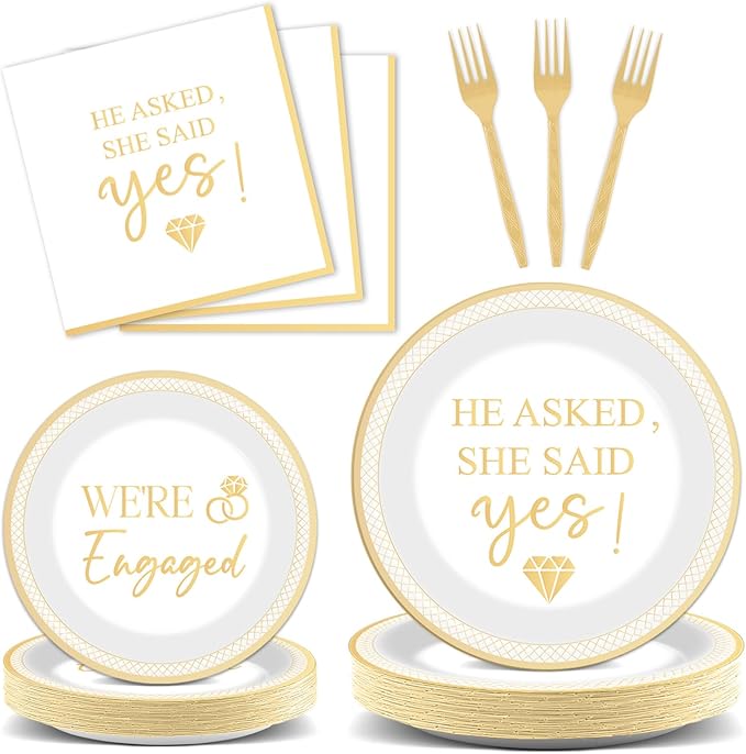 96Pcs Happy Engagement Party Supplies Engagement Paper Plates Napkins She Said Yes Party Tableware Set She Said Yes Disposable Dinnerware for Wedding Birthday Party Bridal Shower Decoration Serve 24