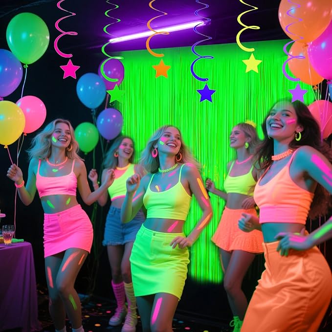 Glow in The Dark Party Supplies, 4 Packs Neon Party Decorations, Macaron Green Blacklight Reactive Fluorescent Tinsel Foil Fringe Curtains, Luminous Backdrop Streamers for Birthday, Photo Booth Prop