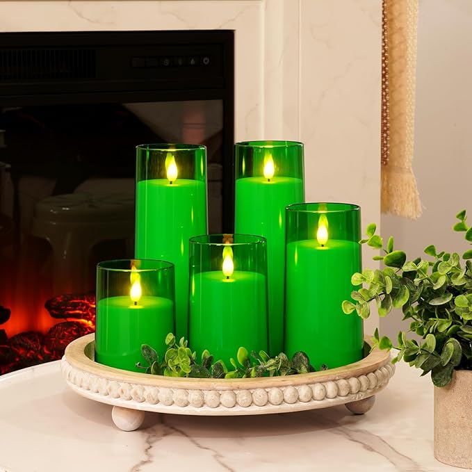 Homemory Green Flickering Flameless Candles, Battery Operated Acrylic LED Pillar Candles with Remote Control and Timer, Set of 5, St. Patrick's Day