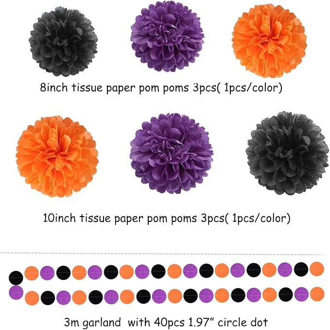 Black Purple Orange Halloween Party-Decorations - 23pcs Tissue Pom Poms Streamers,Tassel Garland Banner,Graduation 2025 Birthday Wedding Baby Bridal Shower Decor Bunting Lasting Surprise