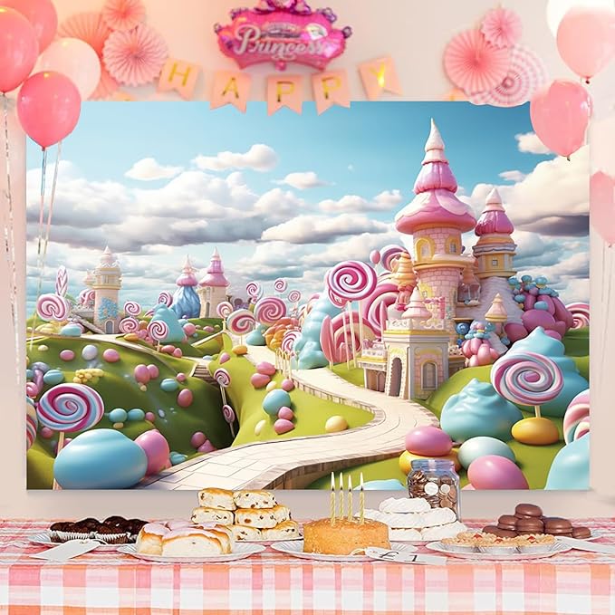 10x8ft Candyland Backdrop Fantasy Sweet Candy Castle Cream Photography Background Candyland Theme Boys Girls Birthday Party Decorations Banner Photo Studio Props