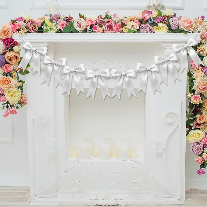 1 String of 8PCS White Bow Garland Banner Decoration,Pre-Strung Satin Ribbon Ornaments for Birthday,Bachelorette Party,Bridal Shower,Wedding, Engagement,Baby Shower,Graduation Decor,Anniversary