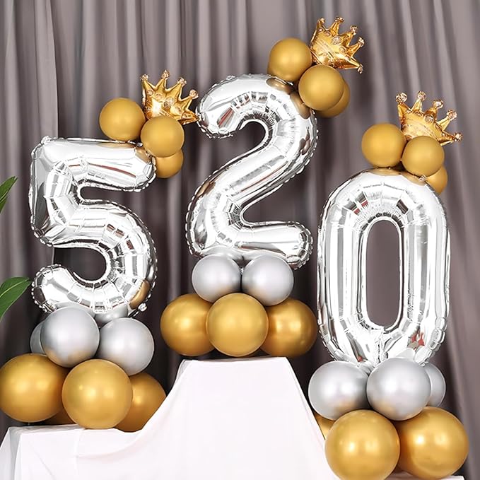 32 In Silver Large Numbers Balloons 0-9, Self Inflating Number 0 Balloons for Boys Girls, Big Silver Digit 0 Balloons for Women Men Birthday Party Anniversary Wedding Supplies Decorations