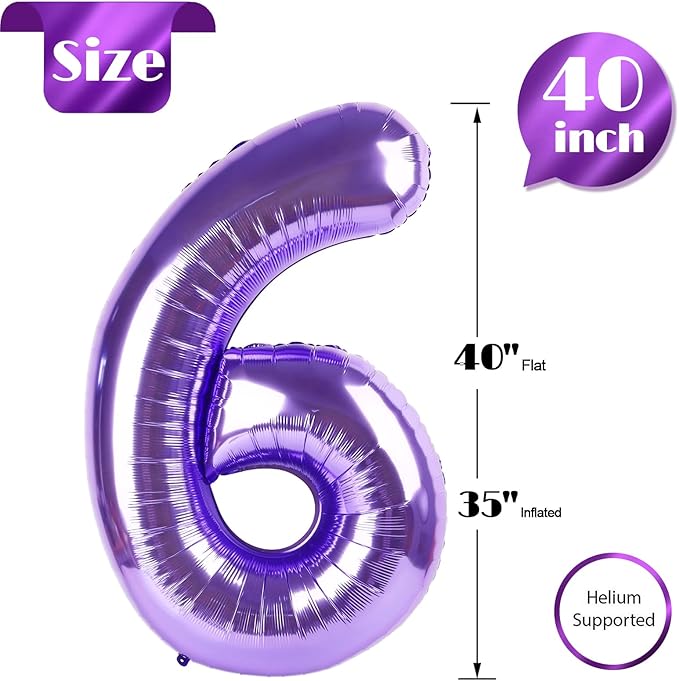 Purple Number 6 Balloon 40 Inch, 6 Balloon Number, 6th Birthday Decorations, Purple Party Supplies for Boys Girls