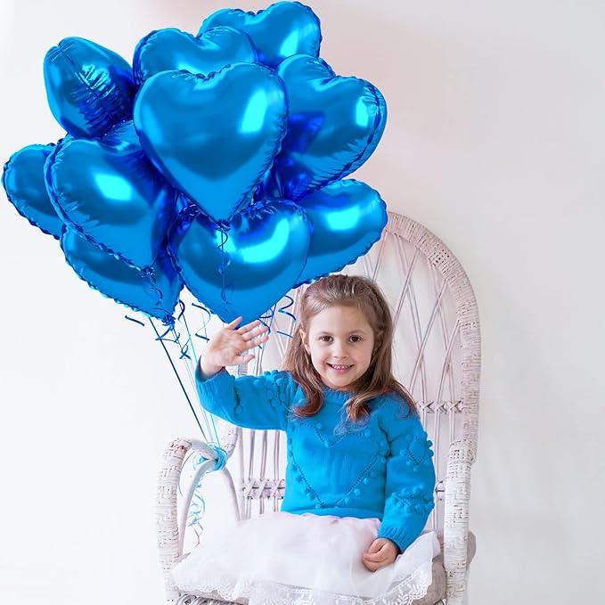 Blue Foil Heart Balloons, 10PCS 18inch Love Shape for Helium Birthday Party Decorations, Boys Men, Baby Shower, Valentines, Wedding, Anniversary