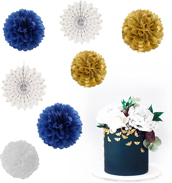Navy-Blue White Gold Party Decorations - 14pcs Kits Paper Lanterns Fan,Tissue Flower Pom Poms Streamers,Honeycomb Balls,Graduation 2025 Men Birthday Wedding Baby Bridal Shower Decor Lasting Surprise