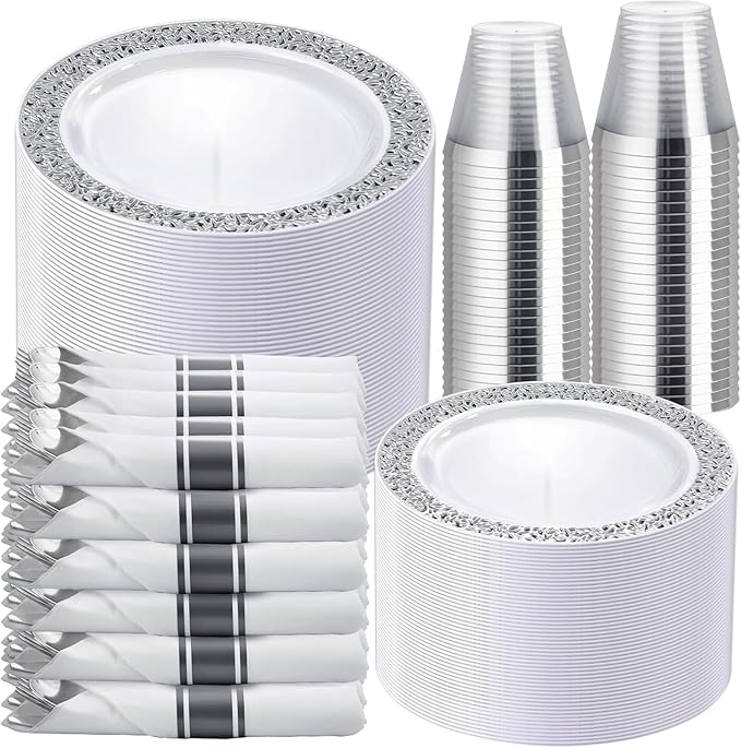 WELLIFE 350 Pieces Silver Disposable Plastic Dinnerware, Includes:50 Dinner Plates, 50 Dessert Plates, 50 Cups, 50 Pre Rolled Napkins with Silver Cutlery