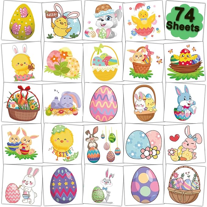 Easter Temporary Tattoos for Kids Party Supplies - 74 Individually Sheets Easter Egg Bunny Tattoos for Boys Girls Party Favors Goodie Bag Fillers