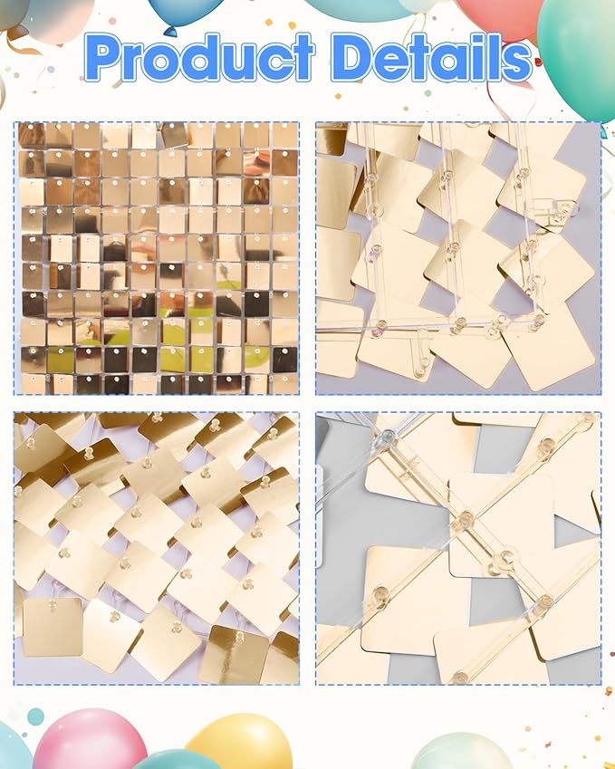 Light Gold Shimmer Wall Backdrop 24 Panels Cover 6 x 4 Ft, Photo Backdrops for Wedding,Anniversary,Birthday,Party Decoration