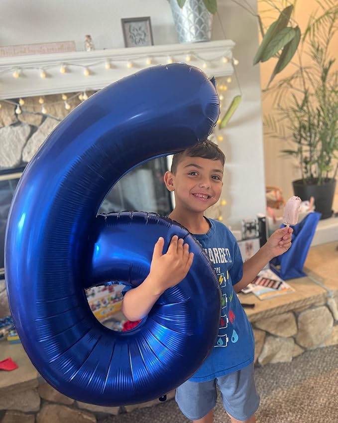 Metallic Blue Number 6 Balloon 40 Inch, 6 Balloon Number, 6th Birthday Decorations, Navy Blue Party Supplies for Boys Girls