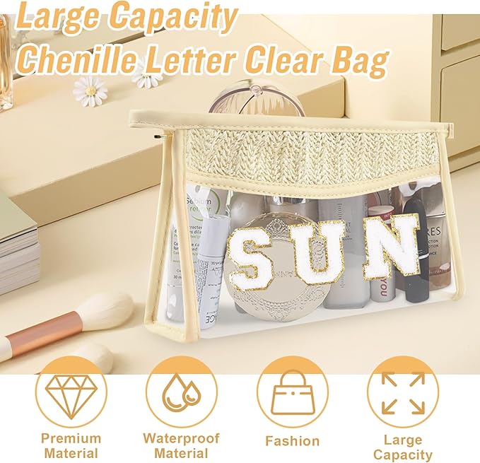 Iqimott Clear Patch Sun Bag Makeup Letter Bag, Boho Preppy Letter Bags for Beach Swim, Waterproof Zipper Make up Bags Toiletry Pouch for Women Girls, Clear Organizer Pouch for Travel(Sun, Beige)