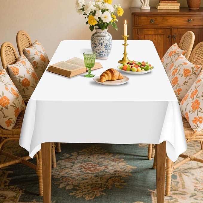 6 Pack Premium White Plastic Table Cloth -70 X 120 Inch Rectangle Tablecloth, Disposable Tablecloth Plastic Table Cover for Parties (6, White, 70" X 120" Rectangle)
