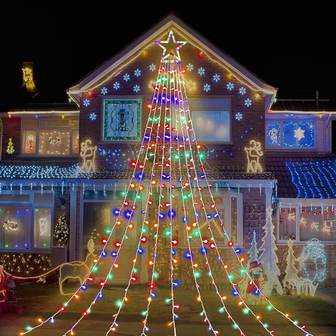 Outdoor Christmas Star String Lights, 320 LED 11.5 ft Waterfall Tree Lights with 8 Lighting Modes for Indoor/Outdoor Yard, Home, Festival, Party, Xmas, New Year Decor
