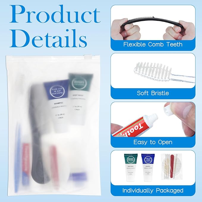 Toiletry Kits Travel Essentials Disposable Hygiene in Bulk, Trial Size Toiletries Supplies Individually Wrapped Traveling Personal Care Items, for Camping, Hotel, Homeless, Charity, 8-in-1 (20-Pack)