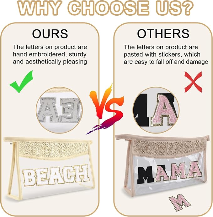 2Pcs Boho Patch SPF Bag Clear Makeup Letter Bag, Waterproof Zipper Make up Bags Toiletry Pouch for Women Girls, Clear Letter Patch Cosmetic Bags Transparent Organizer Pouch for Travel(SPF, Beach)