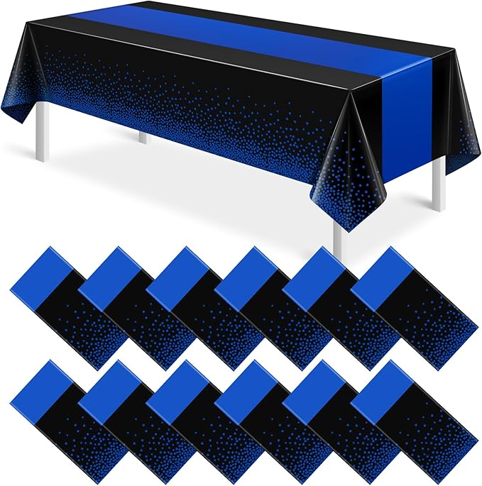 MASHAN 12Pcs Black and Blue Tablecloth Party Decorations,Plastic Black Table Cloth Printed Blue Runner Disposable Rectangle Table Cover for Birthday Wedding Anniversary Graduation Party,54 x108 Inch