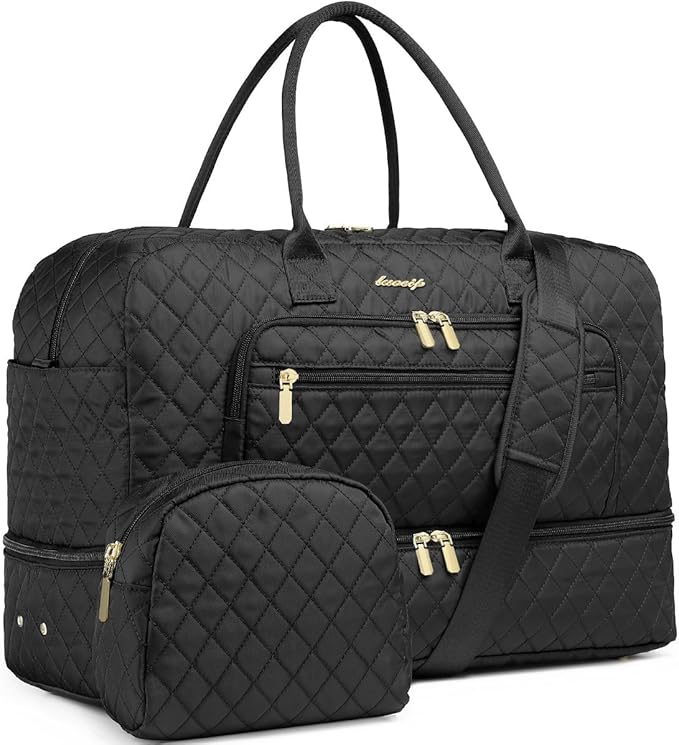 LUOCIP Large Women Travel Duffle Bag, Carry on Bag with Wet Toiletry Pocket for Overnight, Weekend, Yoga, Gym, Business Trips, Sport and Hospital, Black
