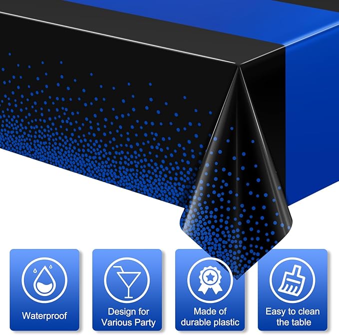 MASHAN 1Pcs Black and Blue Tablecloth Party Decorations,Plastic Black Table Cloth Printed Blue Table Runner Disposable Rectangle Cover for Birthday Wedding Anniversary Graduation Party,54 x108 Inch