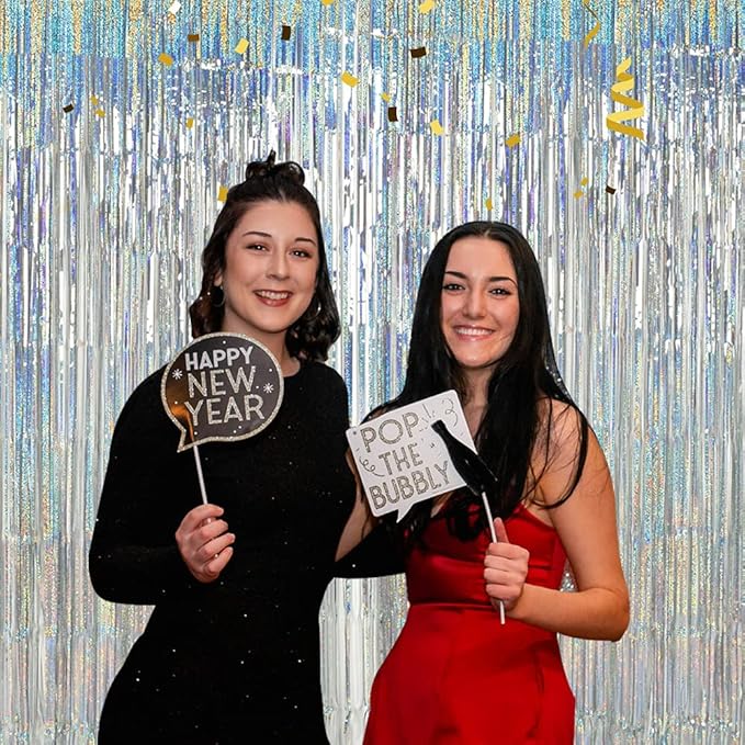 TONIFUL 3Pcs Laser Silver Door Streamers,Laser Silver Photo Booth Backdrop Metallic Streamers Foil Fringe Curtains for Birthday,Christmas,New Year,Bachelorette,Grad Party(9.9ft x 6.6ft)