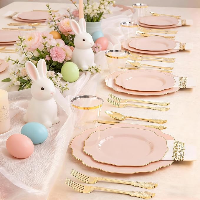 NOCCUR 175PCS Pink Plates with Gold Disposable Silverware - Include 50 Pink Plastic Plates,25 Knives,25 Forks,25 Spoons,25 Cups and 25 Napkins - Ideal for Party/Wedding/Easter Day