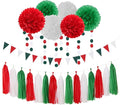Red-Green White Party-Decorations - 23pcs Mexico Italy Tissue Pom Poms Streamers,Tassel Garland Banner,Mexican Italian Birthday Wedding Baby Shower Decor Bunting Lasting Surprise