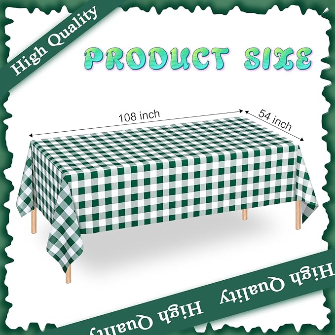 WNINK 4 Pack Green and White Checkered Rectangular Plastic Tablecloths, Green Gingham Waterproof Disposable Table Covers 54" x 108" for Birthday, Wedding, Outdoor Picnic Camping Parties