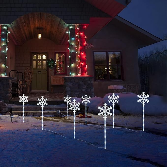 Solar Christmas Pathway Lights Outdoor Decorations, Solar Powered Snowflake Lights, Waterproof Xms Garden Stake Lights Outdoor Christmas Decorations for Patio Yard Porch Lawn, 4 Pack(White)