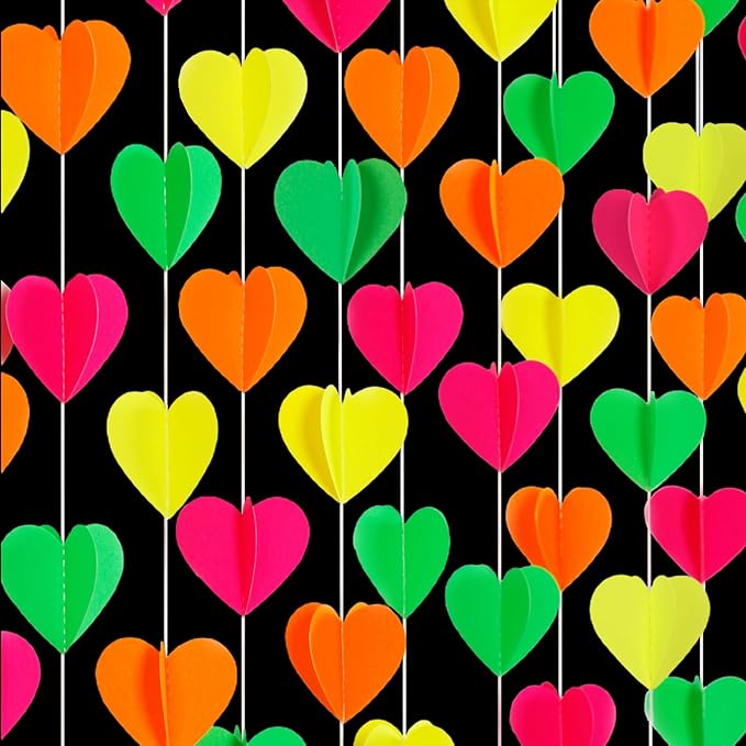 Valentines Day UV Neon Party Decorations Heart-Garland - 39Ft 3D Glow In The Dark Supplies, Hanging Paper Streamers Banner,Girl Romantic Wedding Anniversary Baby Bridal Shower Engagement Decor Ouruola