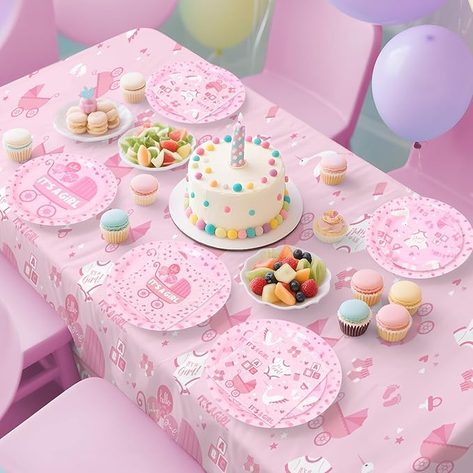 Baby Gender Reveal Decorations for 24 Guests - Boy or Girl Decorations Kit Including Disposable Plates, Napkins, Cups, Tablecloth & Banner for Baby Shower Party Decorations