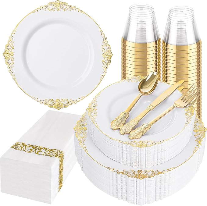 Hioasis 175pcs White and Gold Plates - White Party Plates for 25 Guest, Include 50 Heavy-duty Plates(20% Thicker Than Standard), 25 Cutlery Set, 25 Napkin, 25 Cups