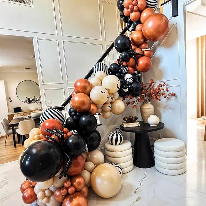 Halloween Balloon Arch Garland Kit, Black Burnt Orange Sand White Retro Orange Balloons, Spider and Black Striped Foil Balloons for Kids Halloween Birthday Party Decorations Baby Shower Backdrop