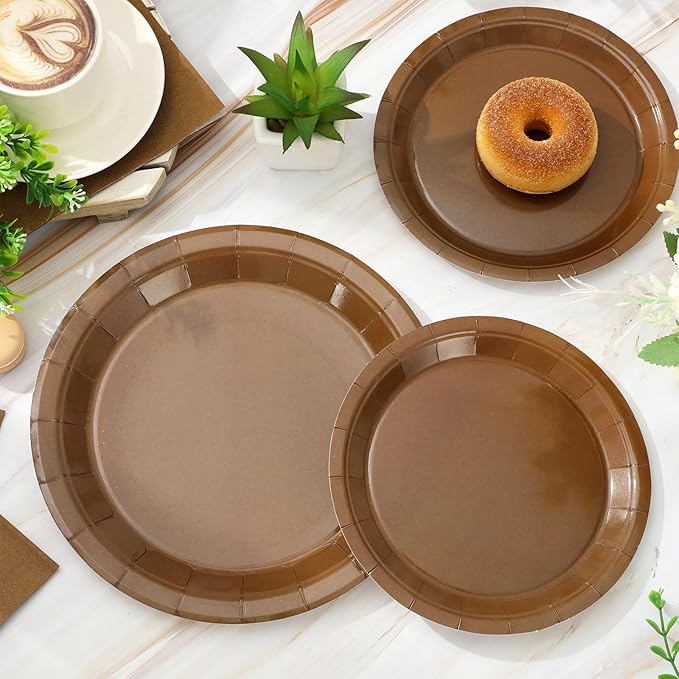 Whaline 100Pcs Brown Tableware Set Fall Disposable Dinnerware Set 50Pcs Paper Plates 25Pcs Napkin 25Pcs Cups for Wedding Birthday Bride Shower Party Supplies Table Decor